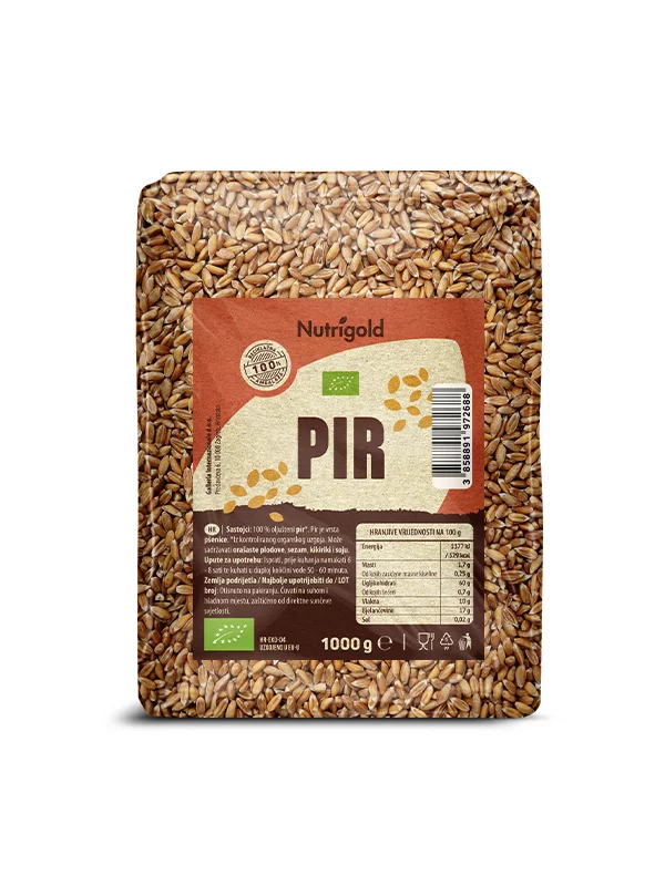 Nutrigold ekološka oluščena pira v prozorni plastični embalaži, 1000g.