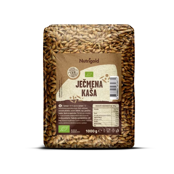 Nutrigold ekološki ječmen/ ješprenj v prozorni plastični embalaži, 1000g.