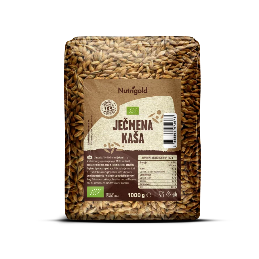 Nutrigold ekološki ječmen/ ješprenj v prozorni plastični embalaži, 1000g.