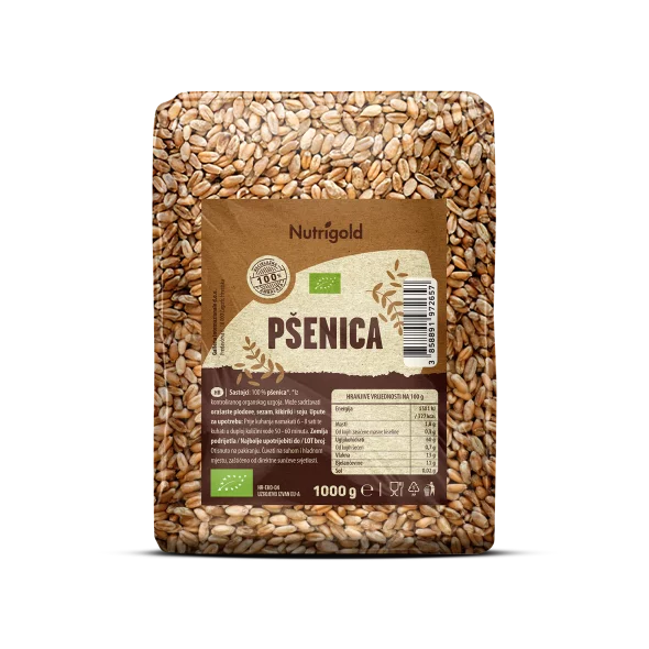 Nurigold ekološka pšenica v prozorni plastični embalaži, 1000g.