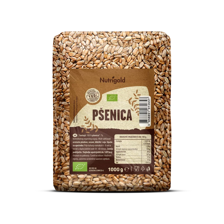 Nurigold ekološka pšenica v prozorni plastični embalaži, 1000g.