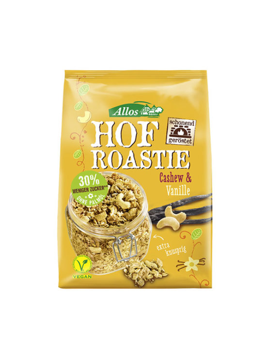 Allos ekološka granola z indijskimi oreščki in vanilijo v plastični embalaži, 300g.