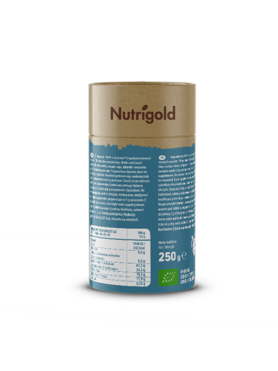 Nutrigold ekološka črna maca v prahu v 250 gramski rjavi embalaži.