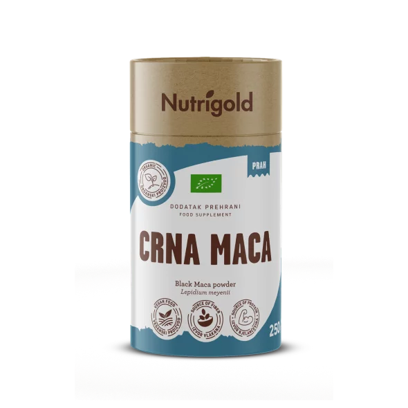 Nutrigold ekološka črna maca v prahu v 250 gramski rjavi embalaži.