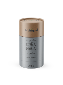 Nutrigold ekološka črna maca v prahu v 250 gramski rjavi embalaži.