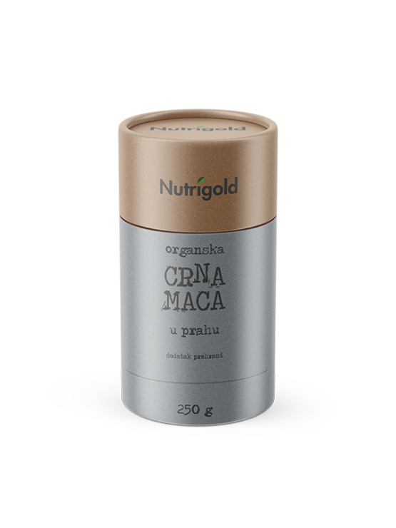 Nutrigold ekološka črna maca v prahu v 250 gramski rjavi embalaži.
