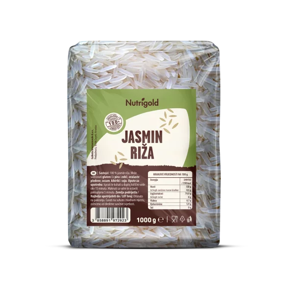 Nutrigold jasminov riž v prozorni plastični embalaži, 1000g.
