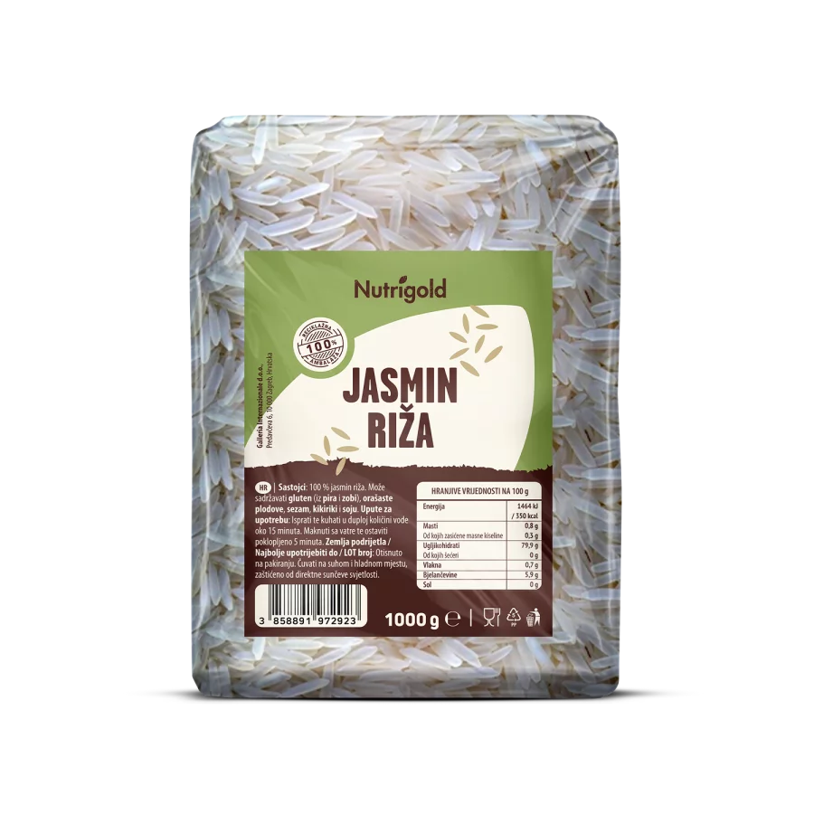 Nutrigold jasminov riž v prozorni plastični embalaži, 1000g.