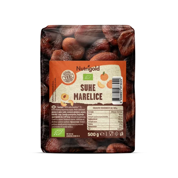 Nutrigold ekološke posušene marelice v prozorni plastični embalaži, 500g.