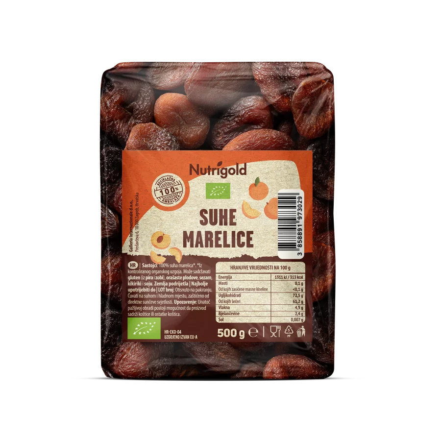 Nutrigold ekološke posušene marelice v prozorni plastični embalaži, 500g.