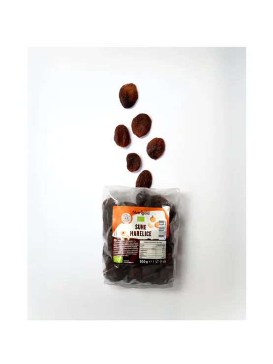 Nutrigold ekološke posušene marelice v prozorni plastični embalaži, 500g.