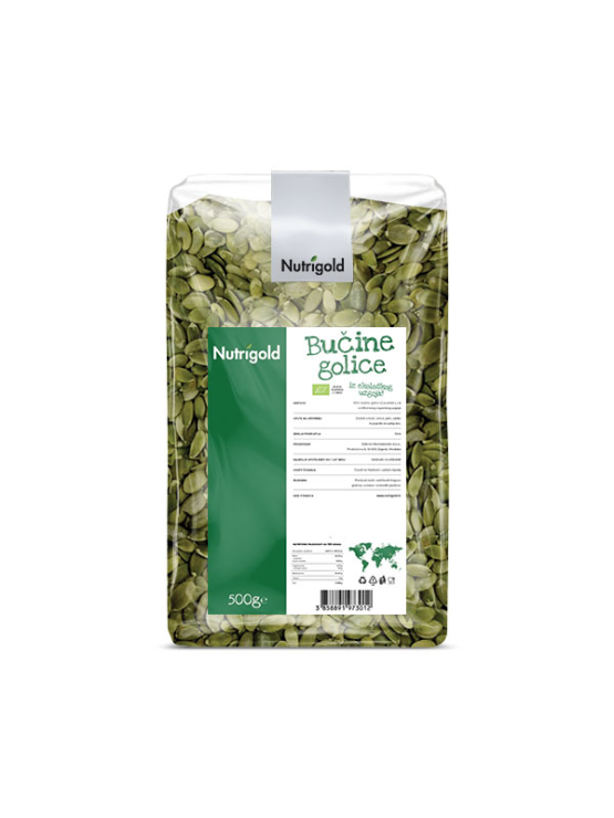 Nutrigold ekološka bučna semenav prozorni 500 gramski embalaži.