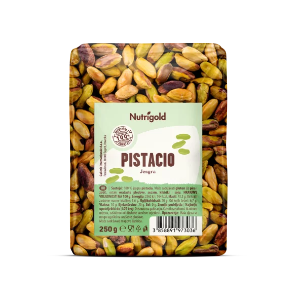 Nutrigold surova pistacijeva jedrca v plastični embalaži, 250 g.