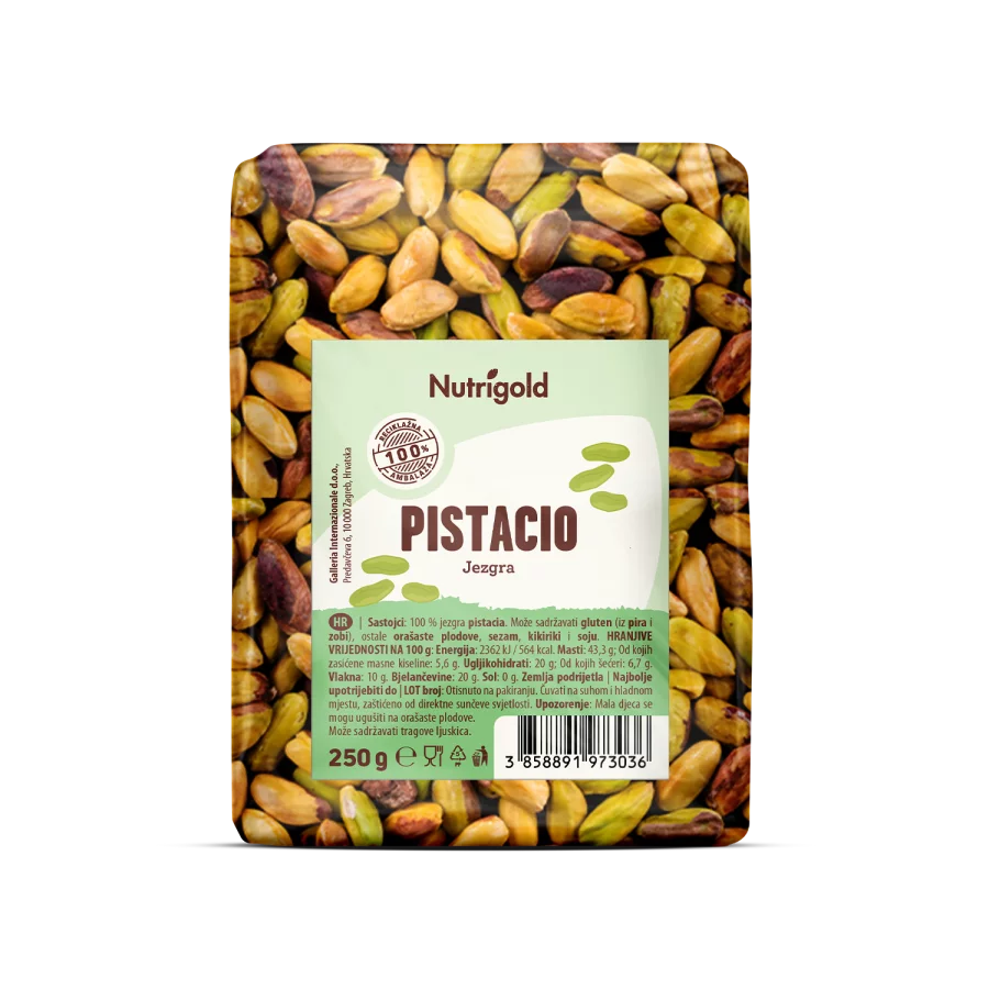 Nutrigold surova pistacijeva jedrca v plastični embalaži, 250 g.