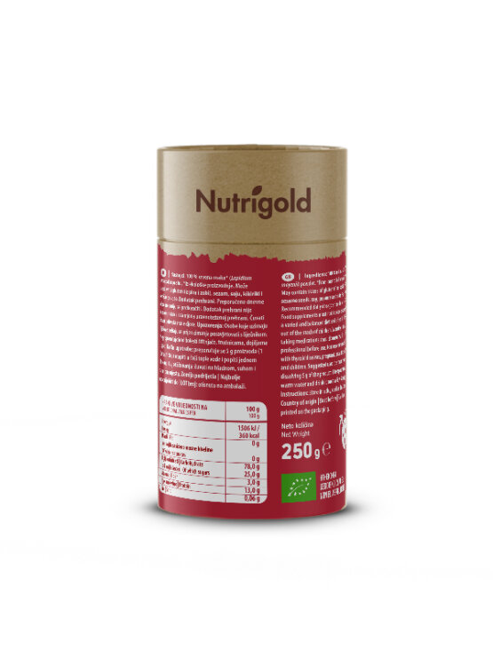 Nutrigold ekološka rdeča maca v prahu v 250 gramski rjavi embalaži.