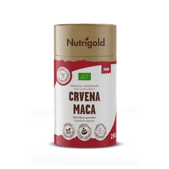 Nutrigold ekološka rdeča maca v prahu v 250 gramski rjavi embalaži.
