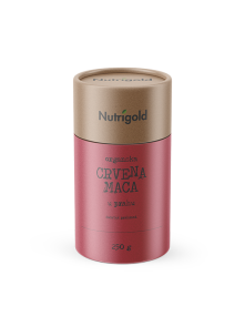 Nutrigold ekološka rdeča maca v prahu v 250 gramski rjavi embalaži.