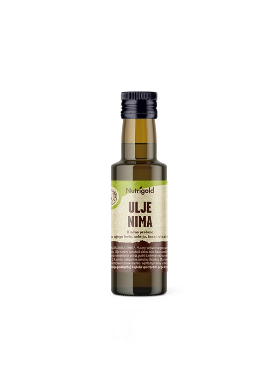 Nutrigold ekološko hladno stisnjeno nimovo olje v steklenički, 100ml.