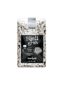 Nutrigold ekološki beli fižol v 500 gramski prozorni plastični embalaži.