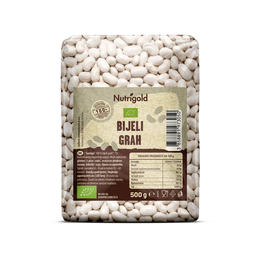 Nutrigold ekološki beli fižol v 500 gramski prozorni plastični embalaži.