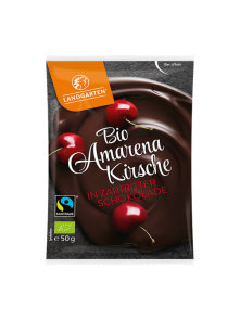 Landgarten ekološke višnje oblite s temno čokolado v plastični embalaži, 50g.