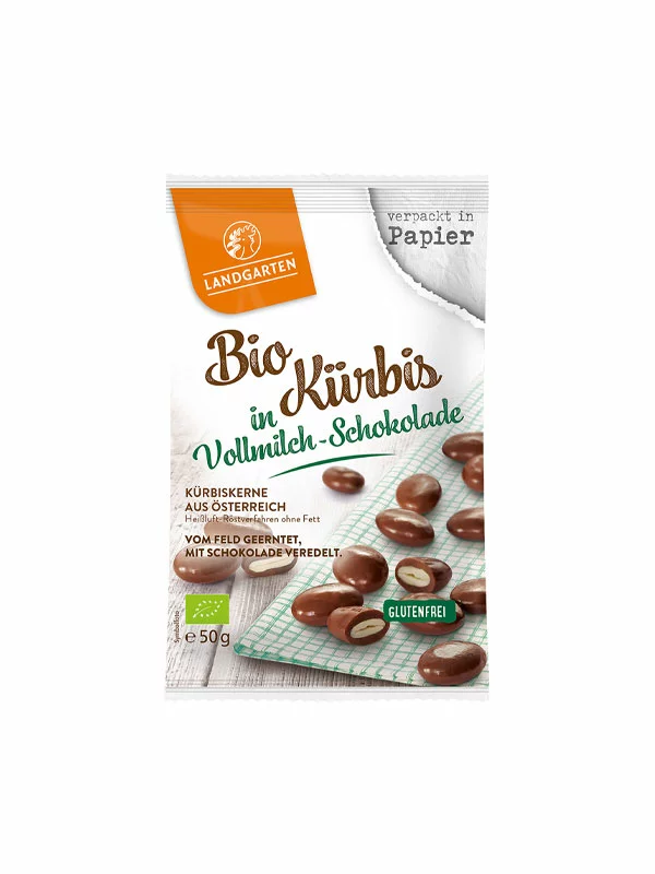 Landgarten ekološka bučna semena oblita s čokolado v plastični embalaži, 50g.