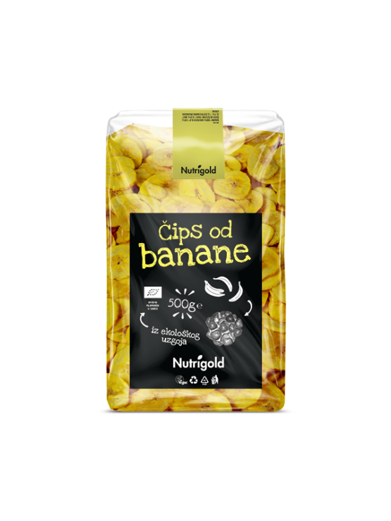 Nutrigold ekološki bananin čips v 500 gramski prozorni plastični embalaži.