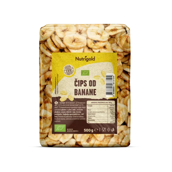 Nutrigold ekološki bananin čips v 500 gramski prozorni plastični embalaži.