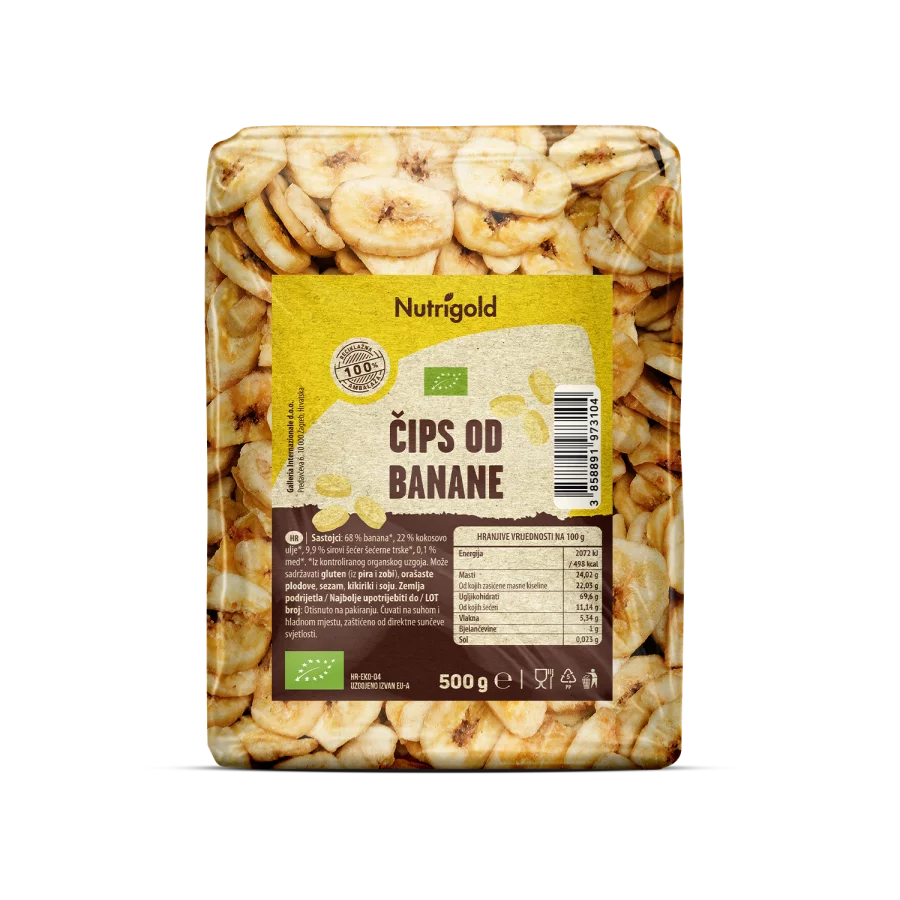 Nutrigold ekološki bananin čips v 500 gramski prozorni plastični embalaži.