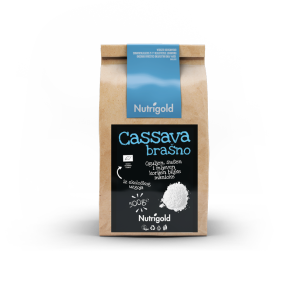 Nutrigold ekološka Cassava moka v 500 gramski rjavi embalaži.