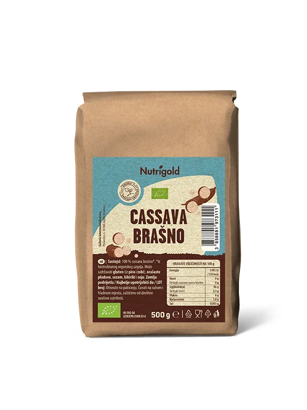 Nutrigold ekološka Cassava moka v 500 gramski rjavi embalaži.