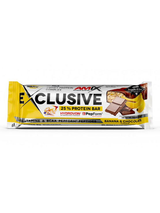 Amix Exclusive beljakovinska ploščica z banano in čokolado v plastični embalaži, 40g.