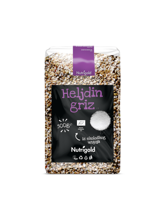Nutrigold ekološki ajdov zdrob v 500 gramsi prozorni plastični embalaži.