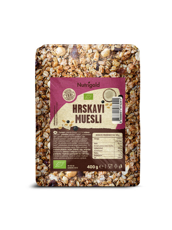 Nutrigold ekološki hrustljavi müsli v prozorni plastični embalaži, 400g.