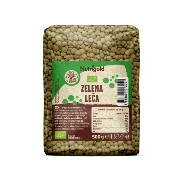 Nutrigold ekološka elena leča v prozorni plastični embalaži, 500g.