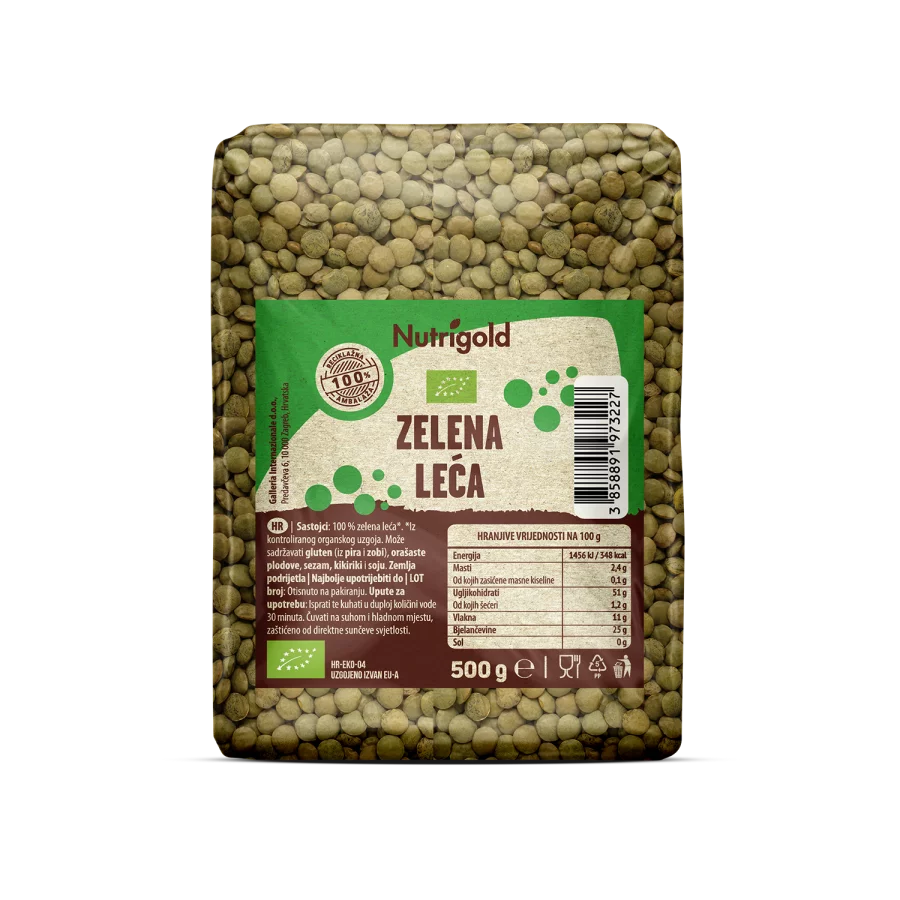 Nutrigold ekološka elena leča v prozorni plastični embalaži, 500g.