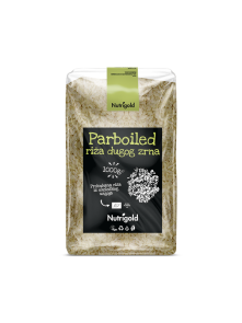 Nutrigold ekološki parboiled dolgozrnati riž v prozorni plastični embalaži, 1000g.