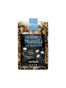 Nutrigold ekološki hrustljavi müsli v prozorni plastični embalaži, 400g.