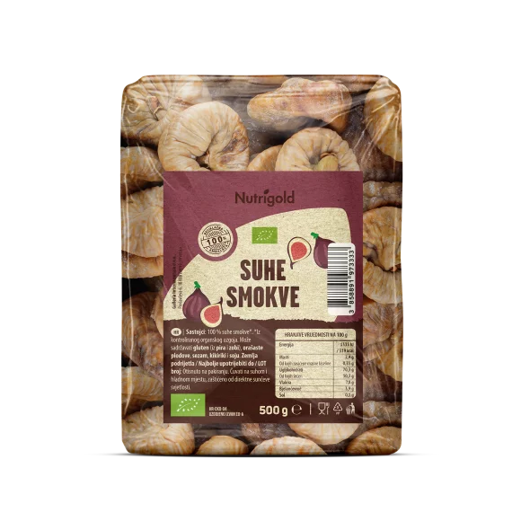 Nutrigold ekološke suhe fige v prozorni plastični embalaži, 500g.