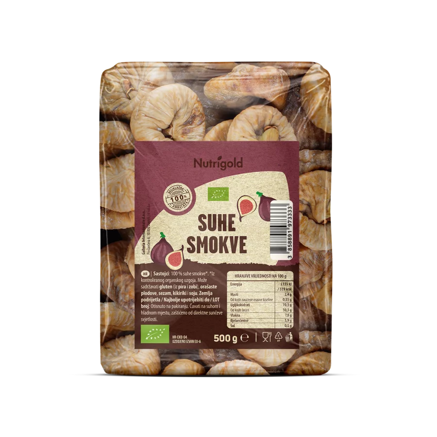 Nutrigold ekološke suhe fige v prozorni plastični embalaži, 500 g.