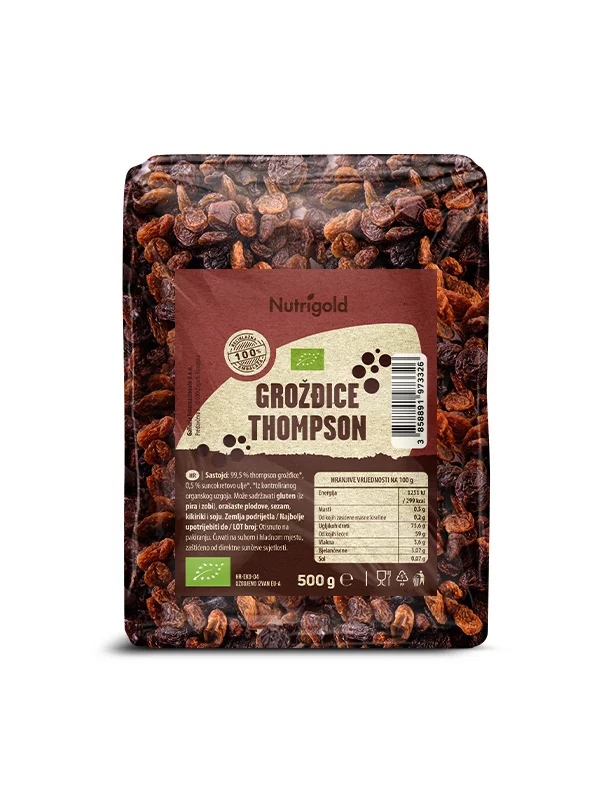 Nutrigold ekološke thompson rozine v prozorni plastični embalaži, 500g.