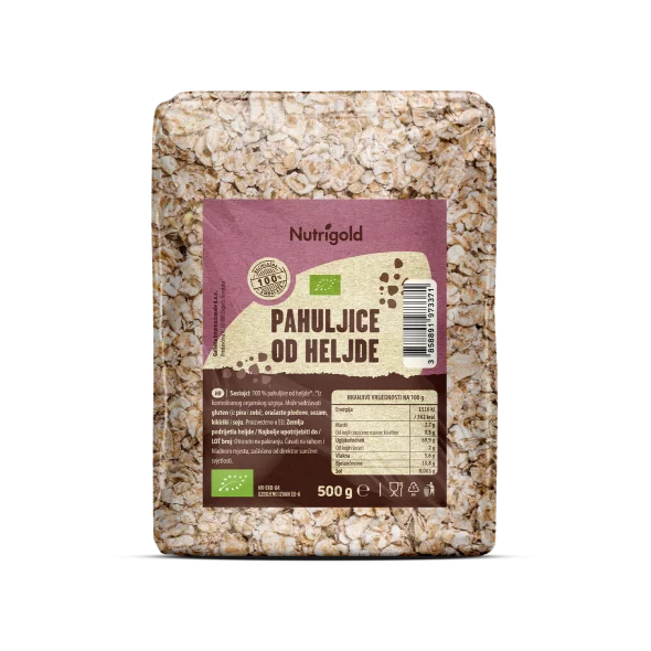Nutrigold ekološki ajdovi kosmiči v prozorni plastični embalaži, 500g.