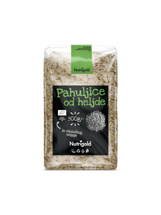 Nutrigold ekološki ajdovi kosmiči v prozorni plastični embalaži, 500g.