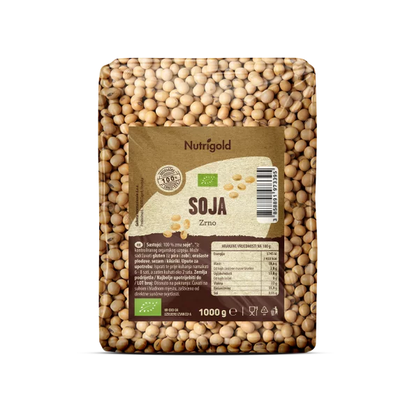 Nutrigold ekološka soja v prozorni plastični embalaži, 1000g.