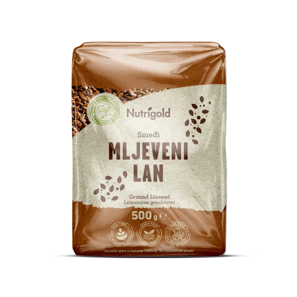 Nutrigold ekološka mleta lanena semena v 500 gramski prozorni embalaži.