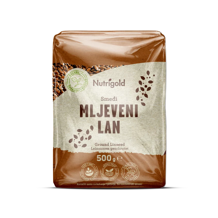 Nutrigold ekološka mleta lanena semena v 500 gramski prozorni embalaži.
