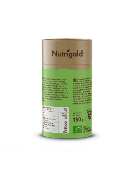 Nutrigold ekološki guar gumi v 150 gramski rjavi embalaži.