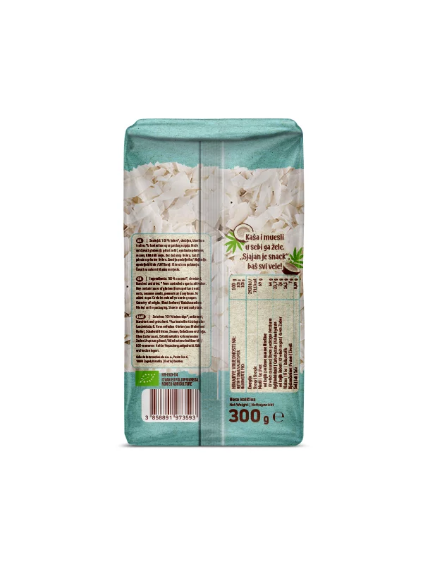Nutrigold ekološki nesladkan kokosov čips v prozorni plastični embalaži, 300g.