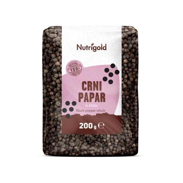 Nutrigold črni poper v zrnu v 200 gramski prozorni plastični embalaži.