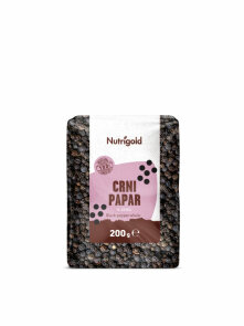 Nutrigold črni poper v zrnu v 200 gramski prozorni plastični embalaži.